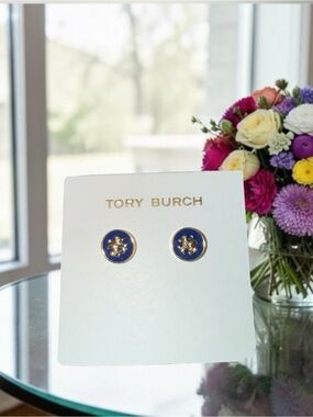 Tory Burch Navy and Gold Round Logo Stud Earrings NWOT